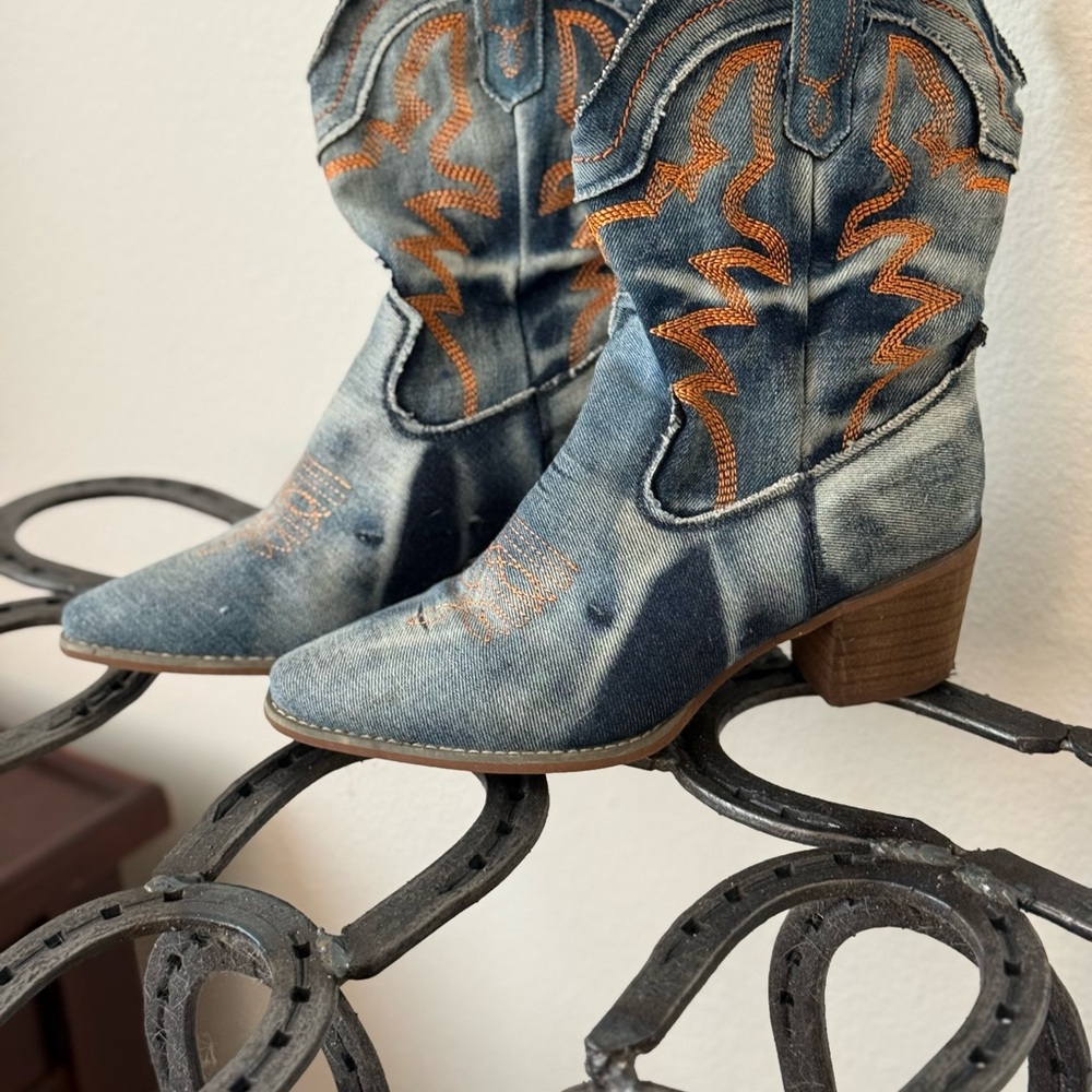Denim Western Cowboy Boots with Orange Stitching